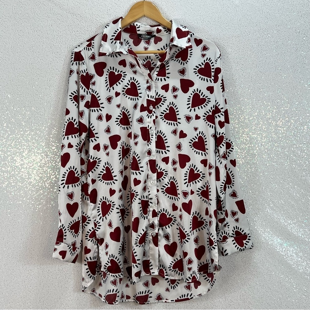 Lulumari Silky Button up Blouse with red hearts /graphic Valentines